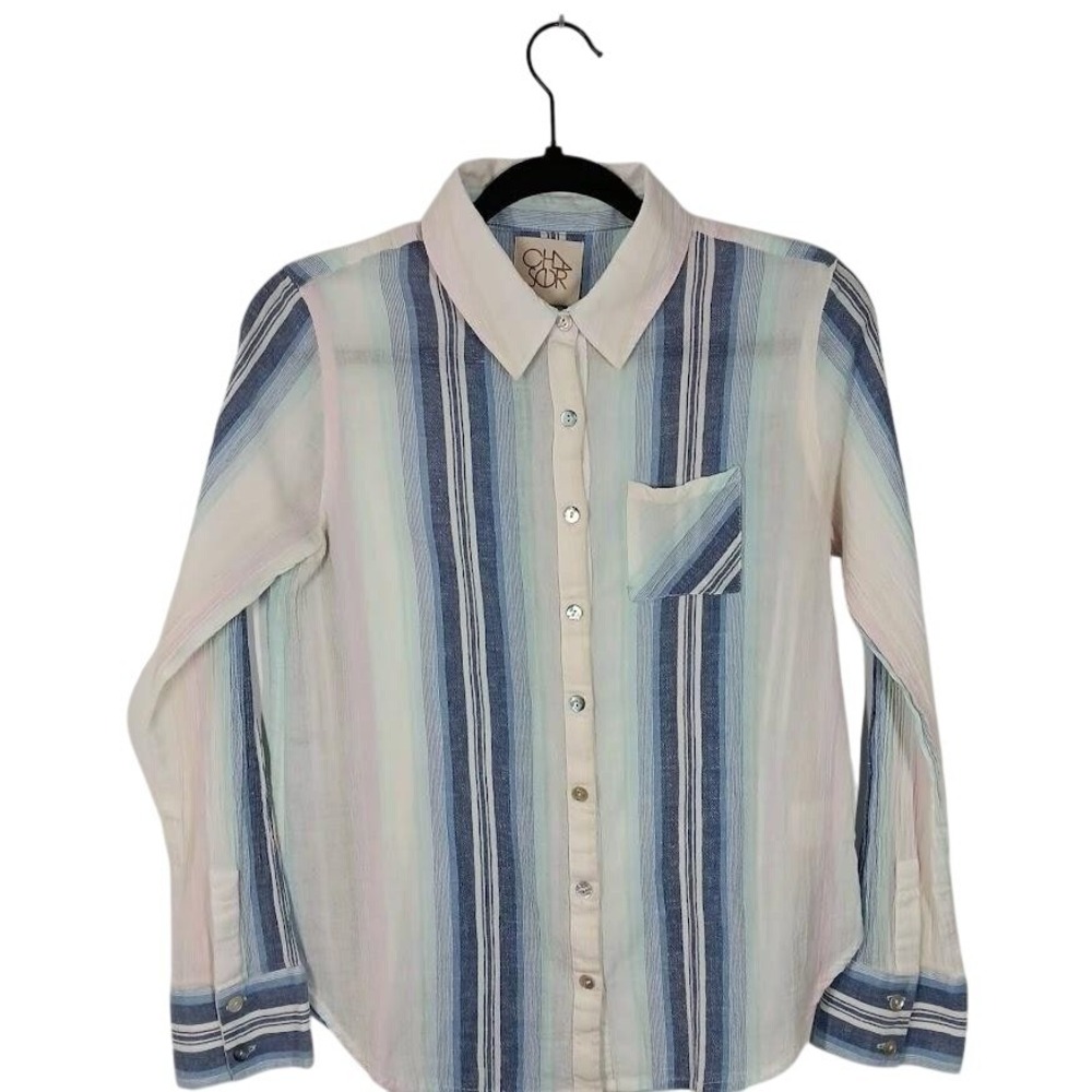 Chasor Shirt Womens Small Blue White Striped Long Sleeve Button Up Cotton Top